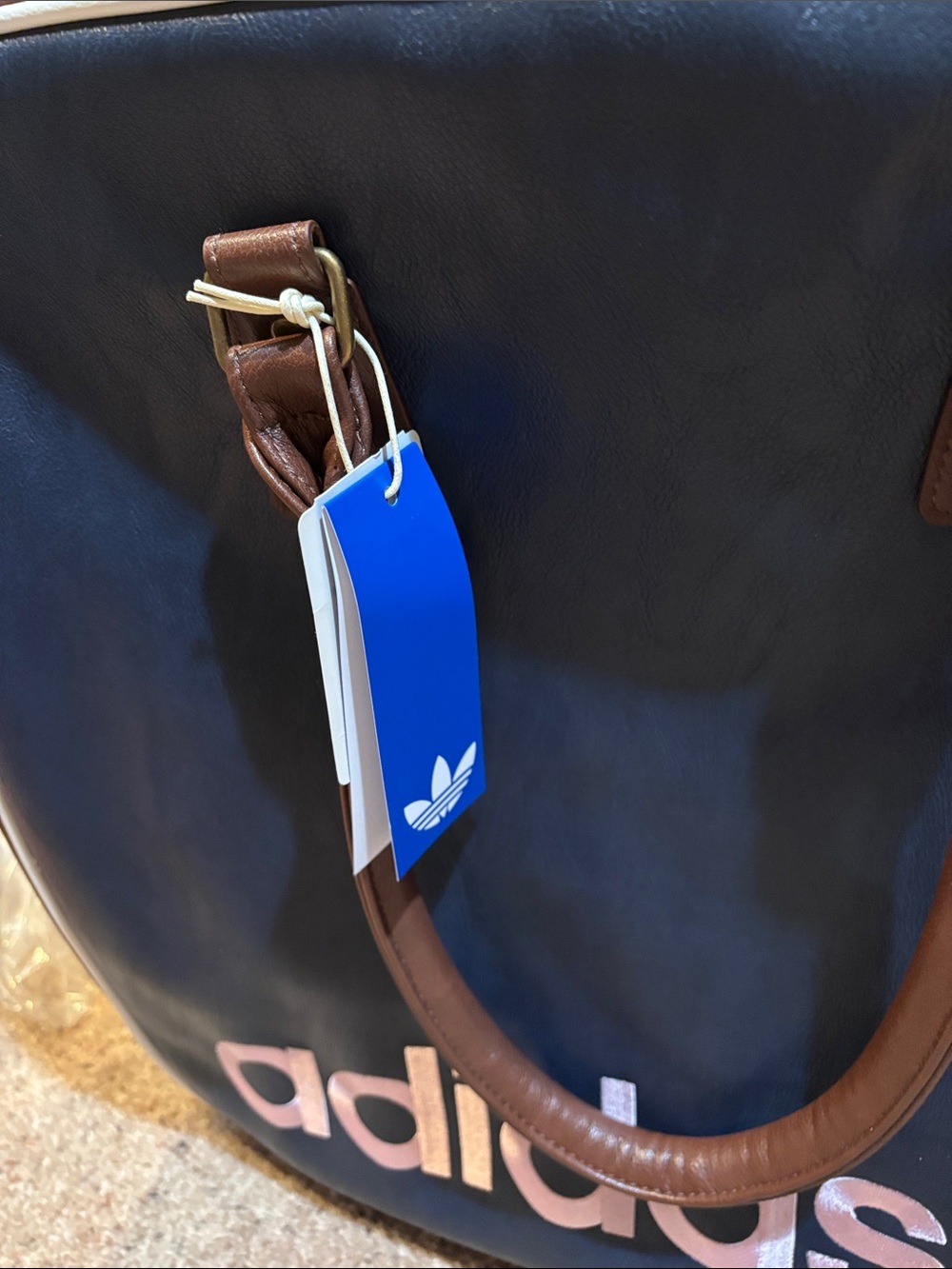 adidas leather navy Duffel Bag with Pink Logo and Brown Handles - Picture 3 of 7